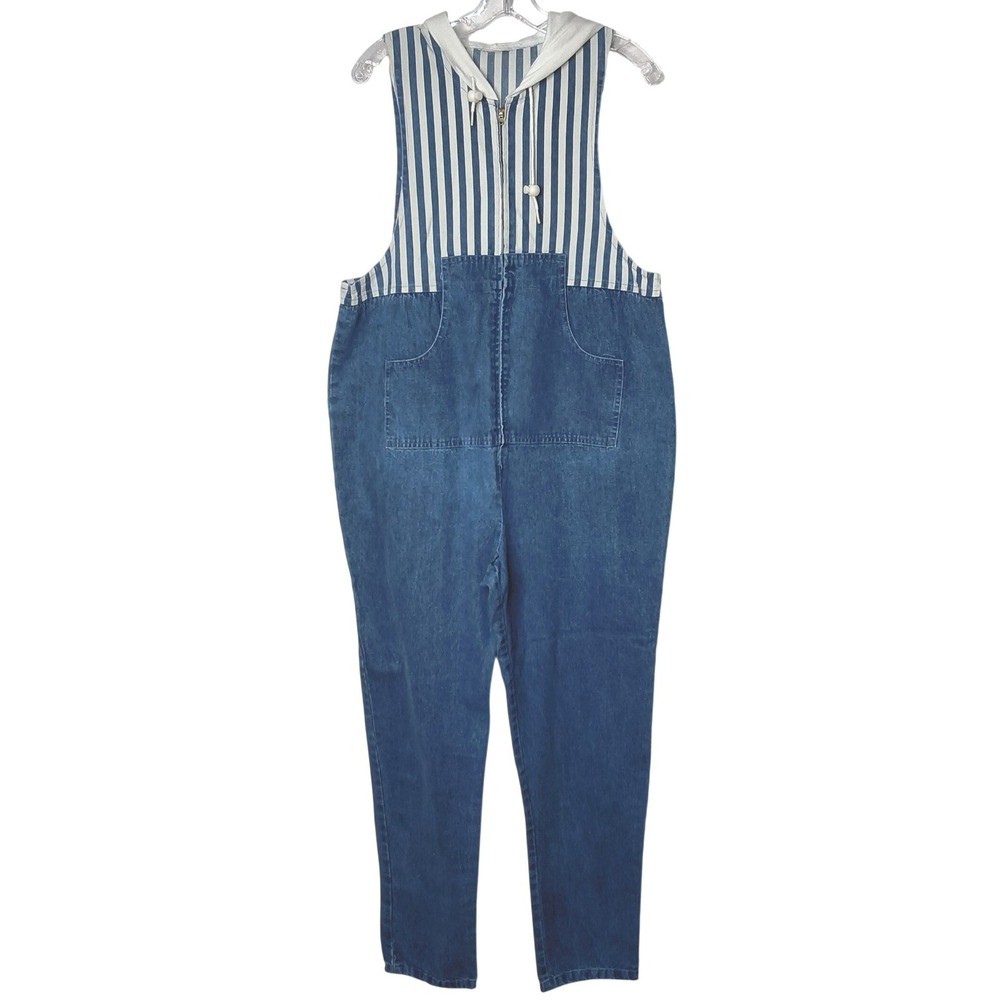 Nautical Denim Hooded Jumpsuit Overalls Women XL Handmade Blue‎ Striped Coastal